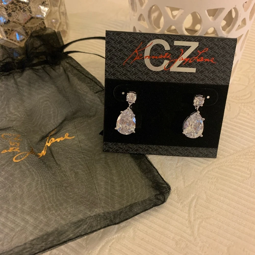 Round & Pear CZ Dangle Earrings- clear, silver - Picture 2 of 4